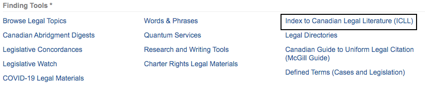 Screenshot of where to locate the Index to Canadian Legal Literature in the WestlawNext database